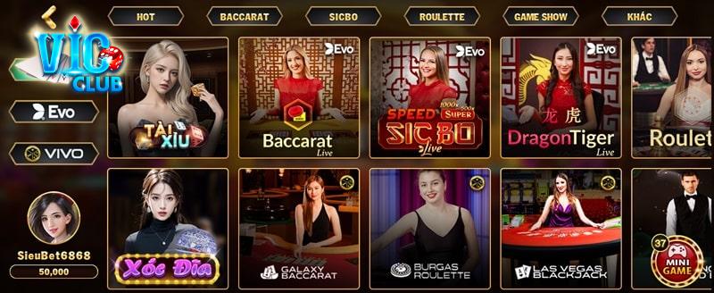 Vicclub cung cấp đa dạng trò chơi Casino trực tuyến