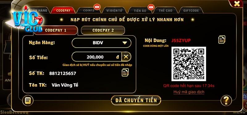 Codepay là phương thức gửi tiền Vicclub nhanh chóng nhất