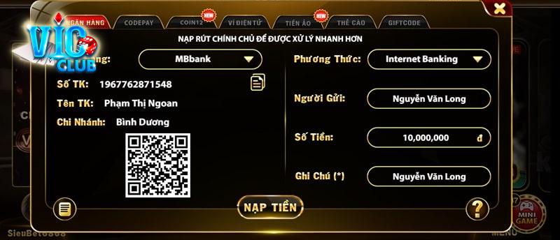 Nạp tiền Vic Club qua chuyển khoản ngân hàng cũng được thành viên sử dụng nhiều